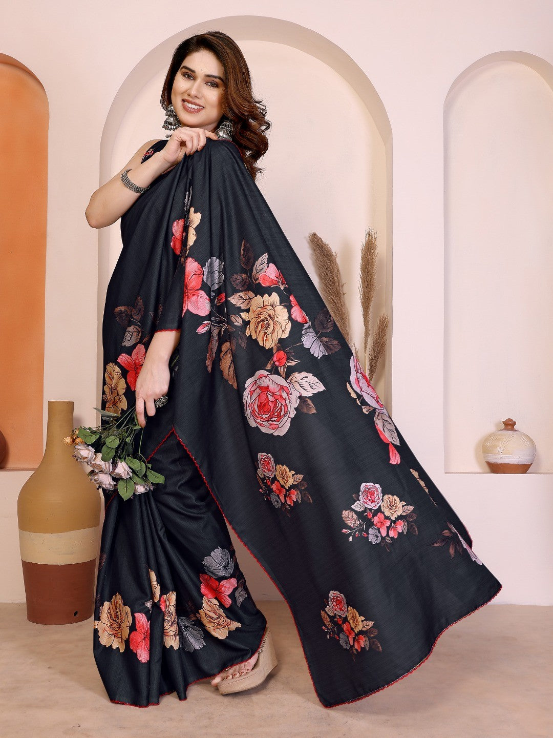 Sophisticated Black Manipuri Cotton Silk Saree Enhanced With Vibrant Floral Digital Prints - Image 1