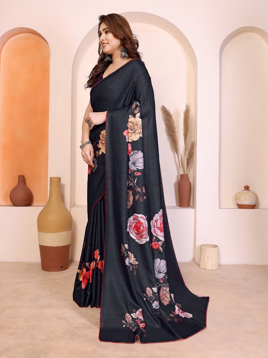 Sophisticated Black Manipuri Cotton Silk Saree Enhanced With Vibrant Floral Digital Prints - Image 3