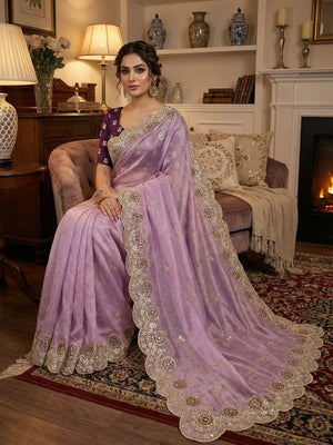 Lavender Charm Crunchy Saree with Premium Embroidered Border - Image 1
