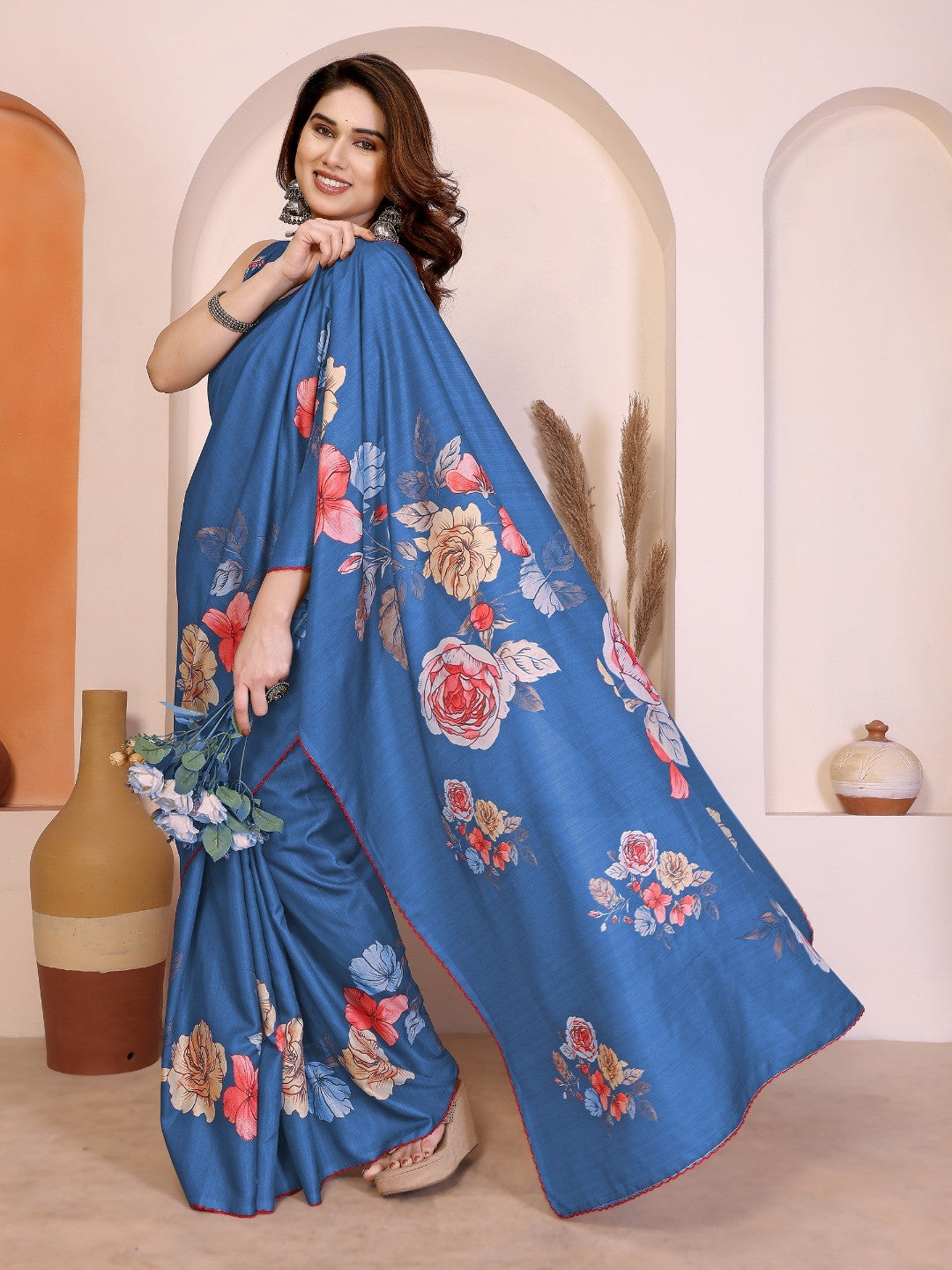 Sophisticated Blue Manipuri Cotton Silk Saree Enhanced With Vibrant Floral Digital Prints - Image 5