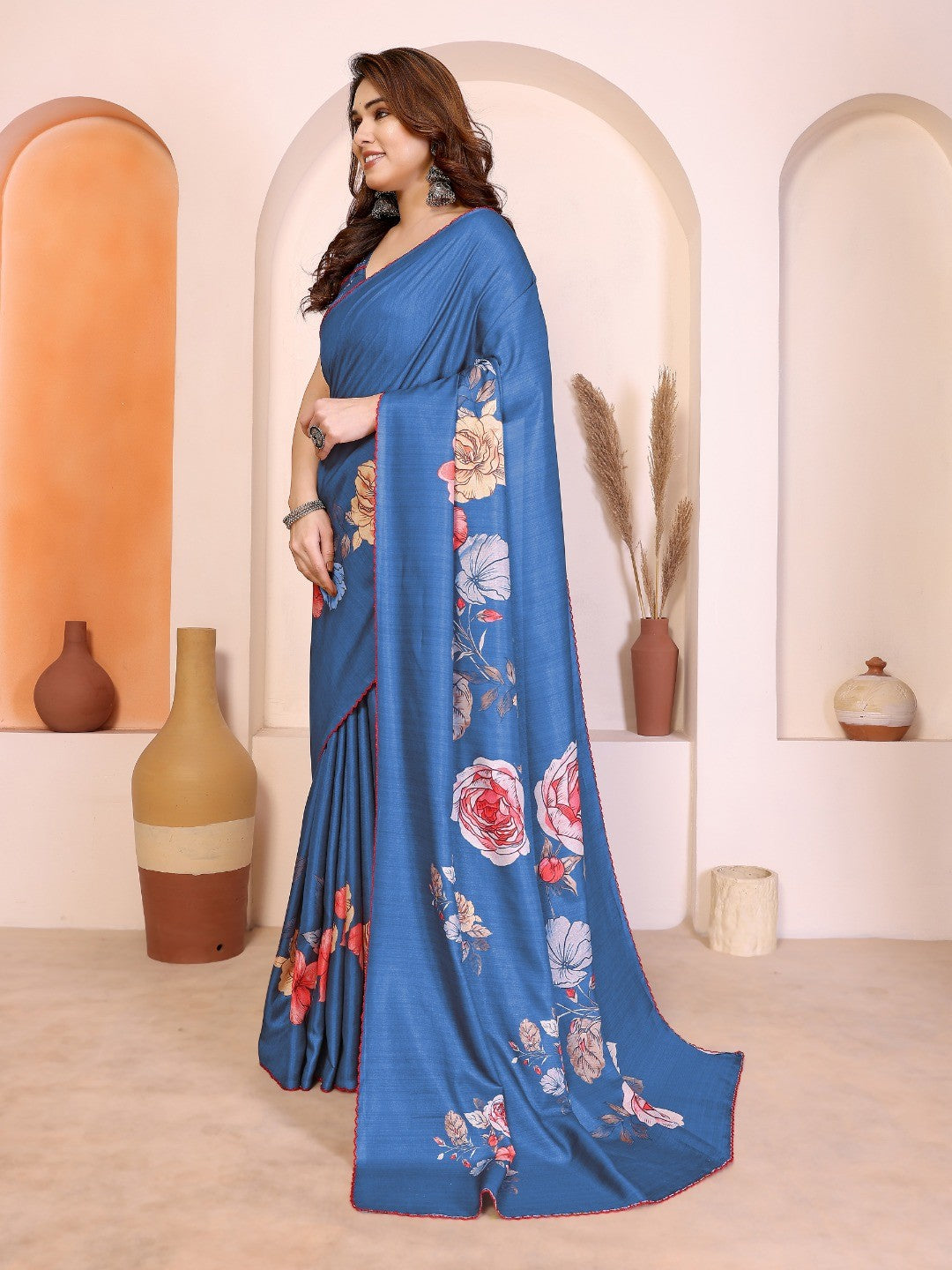 Sophisticated Blue Manipuri Cotton Silk Saree Enhanced With Vibrant Floral Digital Prints - Image 3