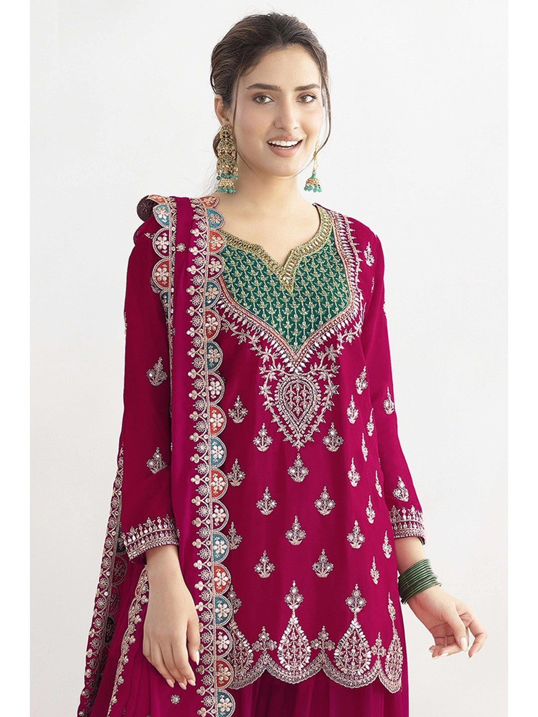 Pink Sequins & Thread Embroidered Chinon Semi-Stitched Dress Material - Image 3
