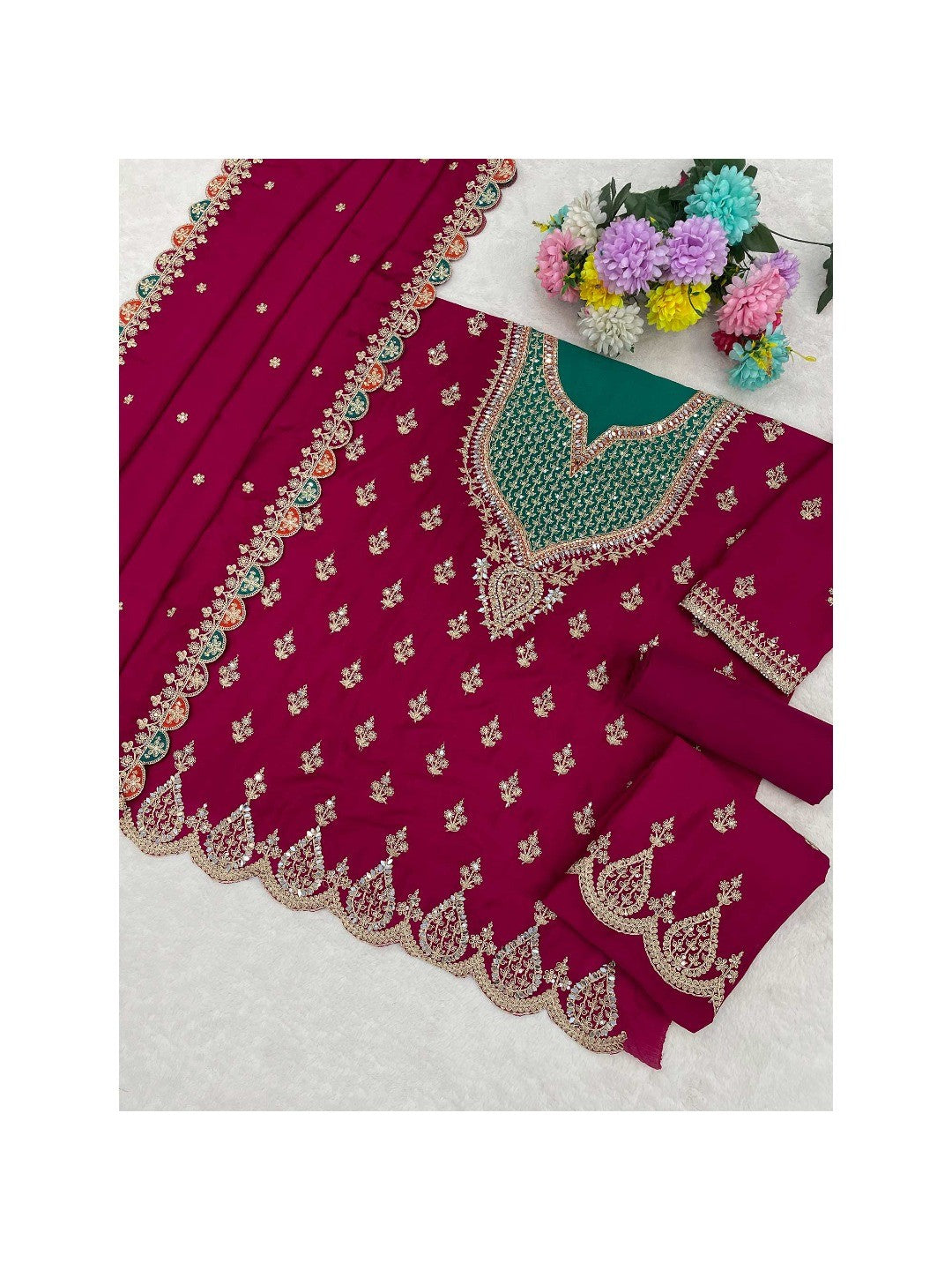 Pink Sequins & Thread Embroidered Chinon Semi-Stitched Dress Material - Image 4