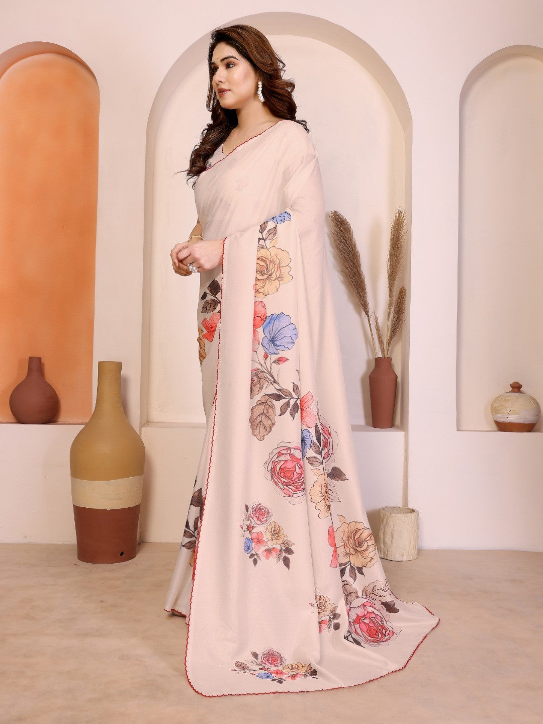 Sophisticated Light Peach Manipuri Cotton Silk Saree Enhanced With Vibrant Floral Digital Prints - Image 2