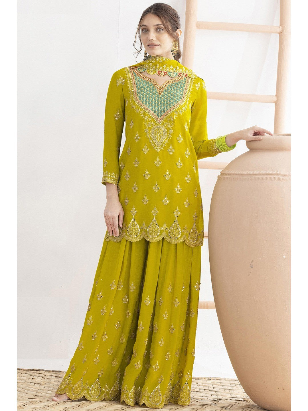 Yellow Sequins & Thread Embroidered Chinon Semi-Stitched Dress Material - Image 1