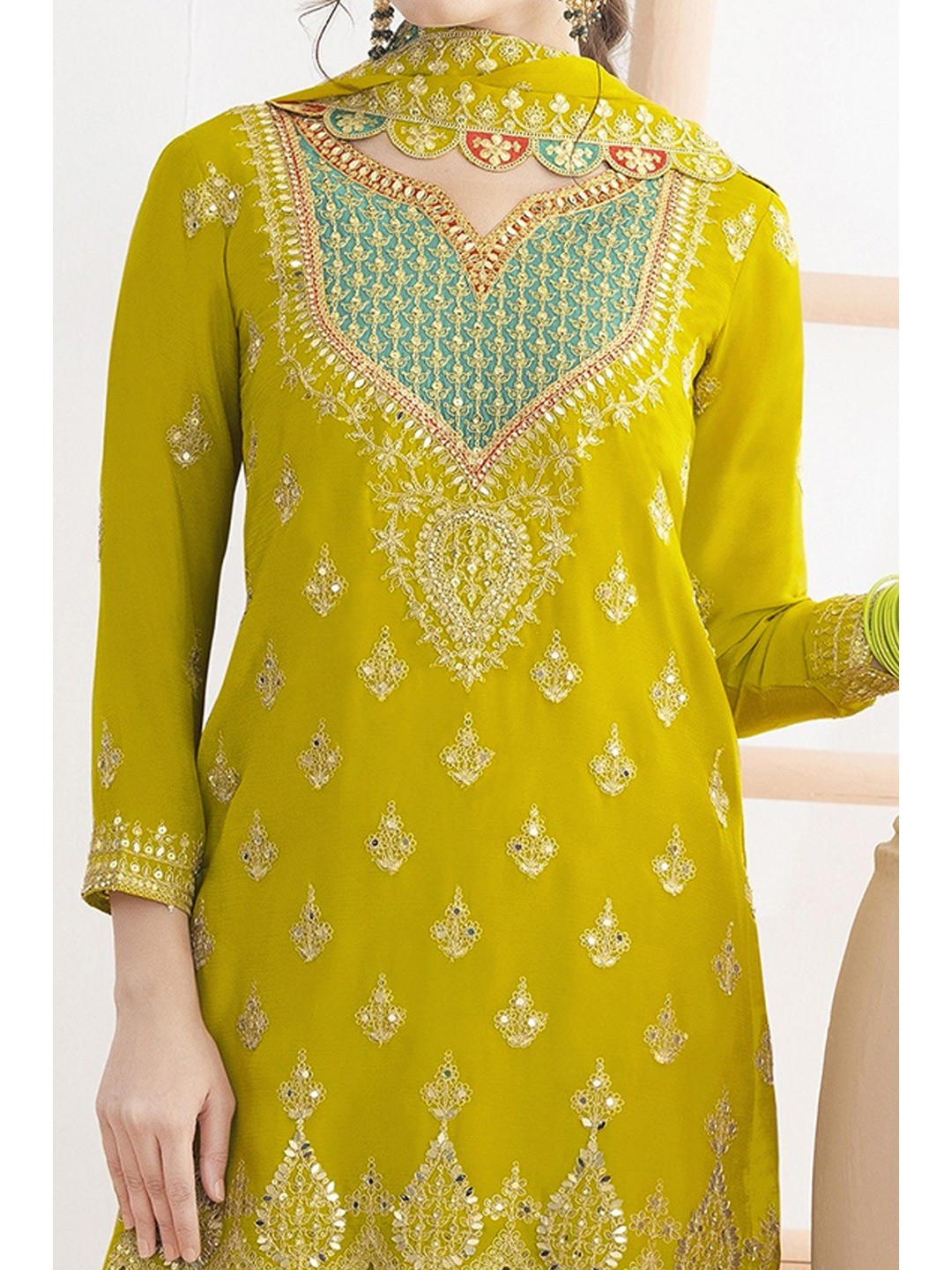 Yellow Sequins & Thread Embroidered Chinon Semi-Stitched Dress Material - Image 2