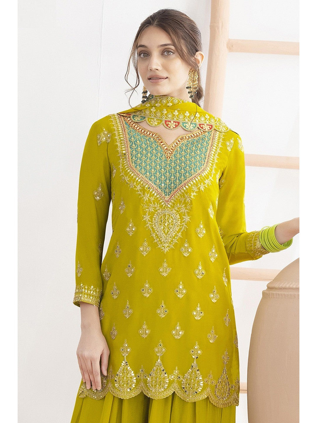 Yellow Sequins & Thread Embroidered Chinon Semi-Stitched Dress Material - Image 2