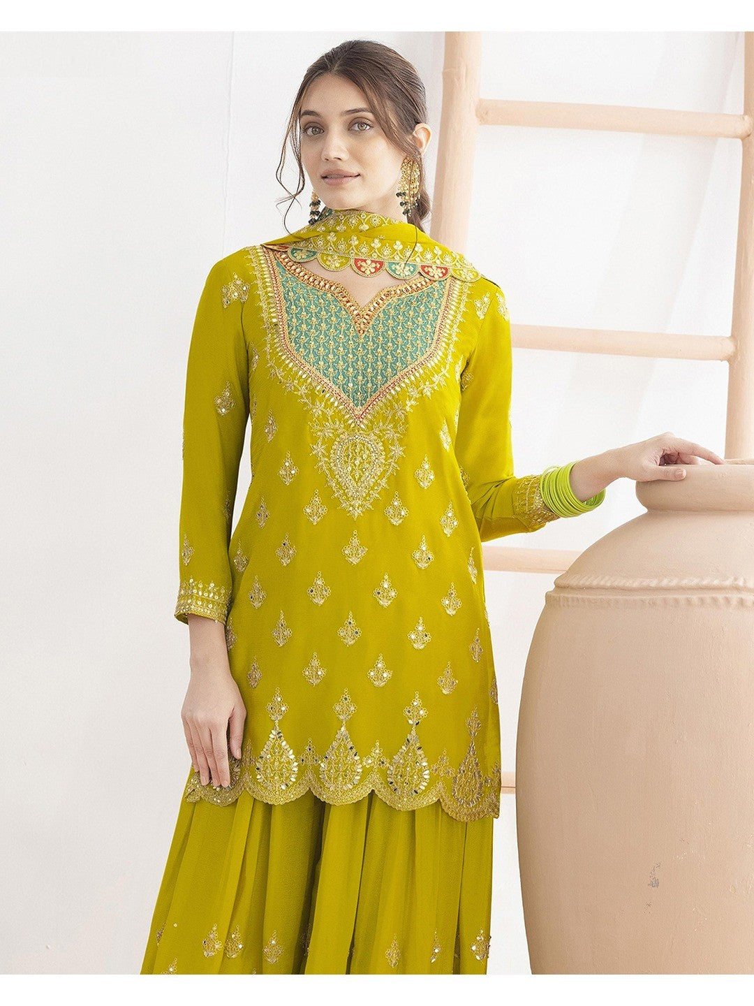 Yellow Sequins & Thread Embroidered Chinon Semi-Stitched Dress Material - Image 4