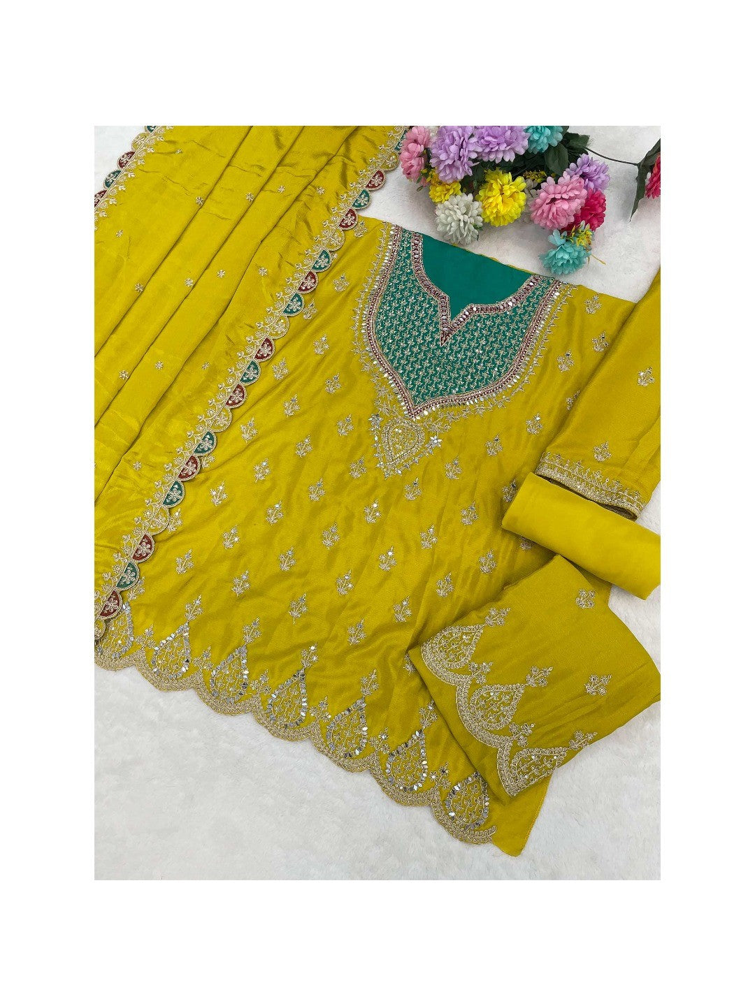 Yellow Sequins & Thread Embroidered Chinon Semi-Stitched Dress Material - Image 5