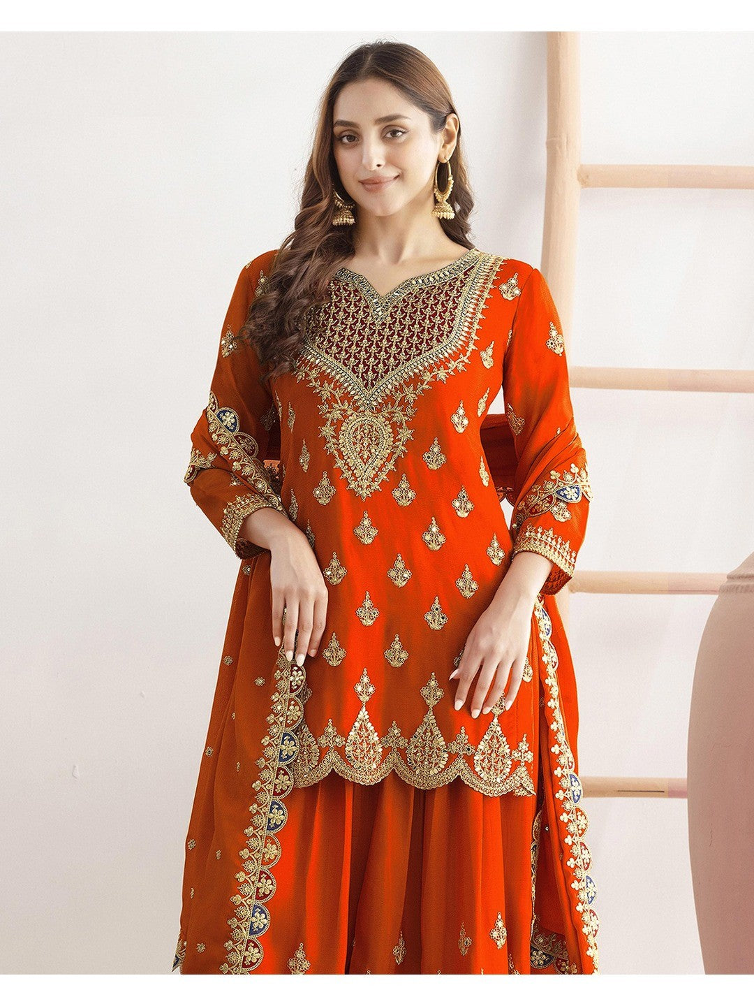 Orange Sequins & Thread Embroidered Chinon Semi-Stitched Dress Material - Image 4