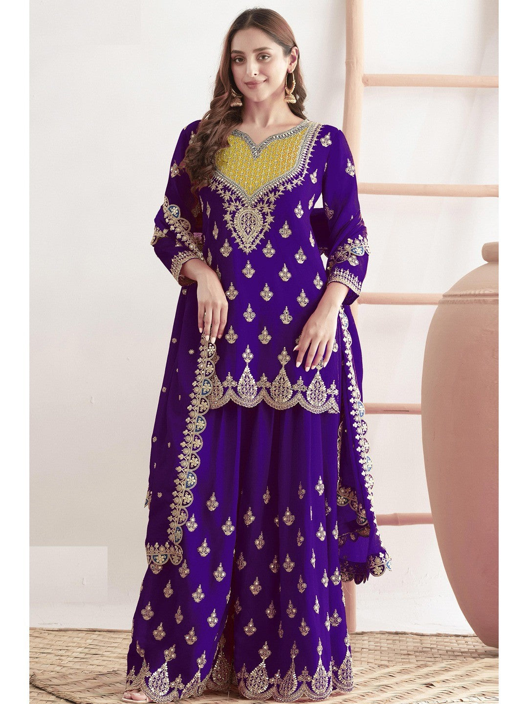 Purple Sequins & Thread Embroidered Chinon Semi-Stitched Dress Material - Image 1
