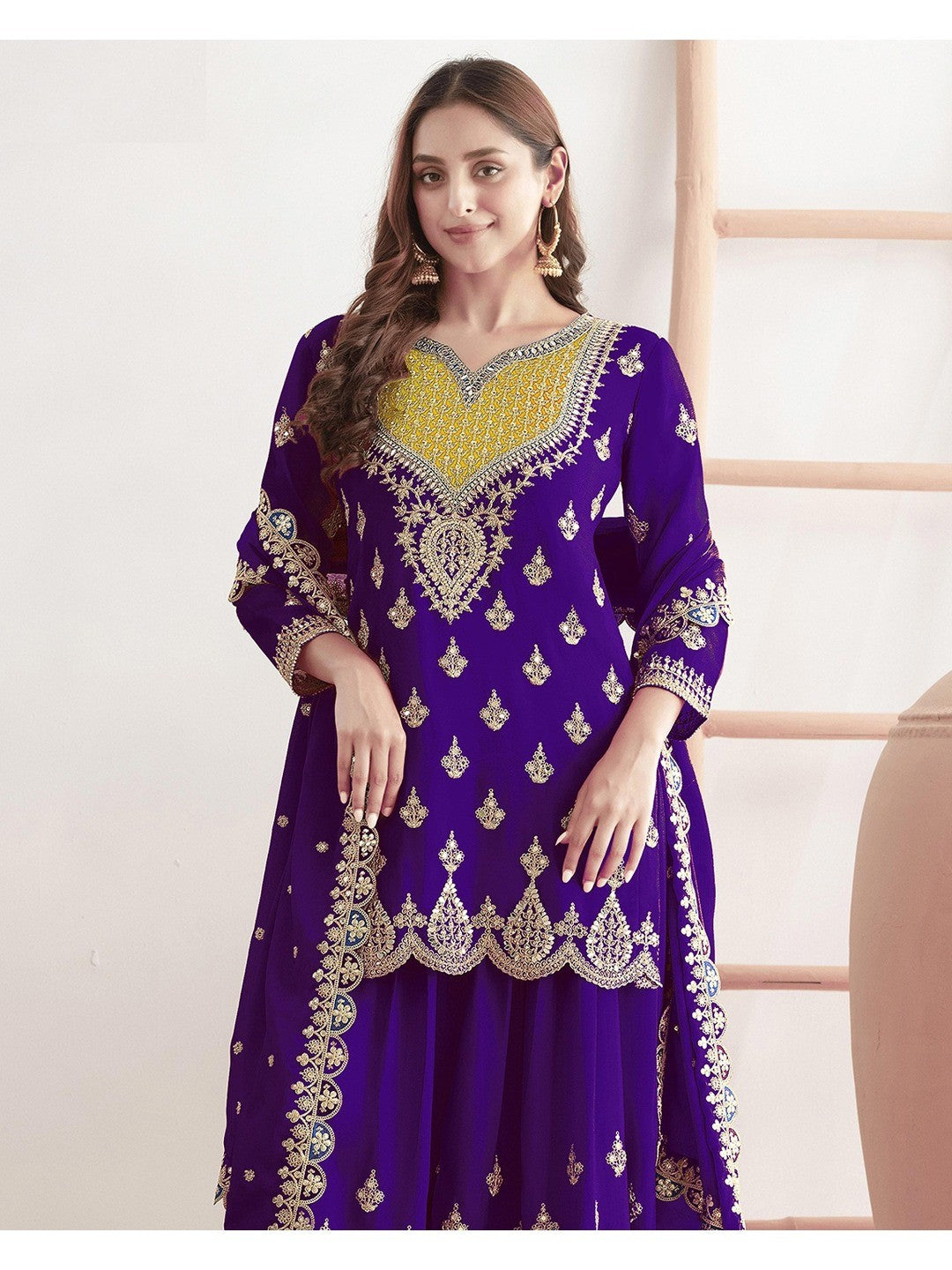 Purple Sequins & Thread Embroidered Chinon Semi-Stitched Dress Material - Image 4