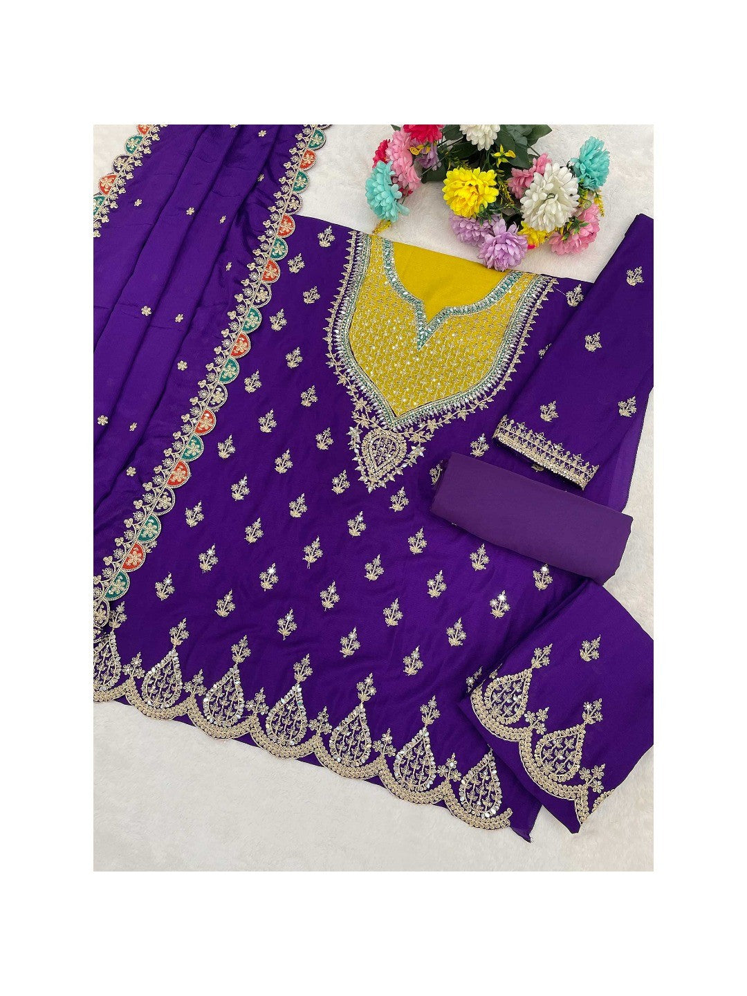 Purple Sequins & Thread Embroidered Chinon Semi-Stitched Dress Material - Image 5