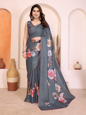 Sophisticated Grey Manipuri Cotton Silk Saree Enhanced With Vibrant Floral Digital Prints - Image 1