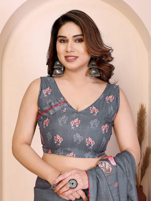 Sophisticated Grey Manipuri Cotton Silk Saree Enhanced With Vibrant Floral Digital Prints - Image 2