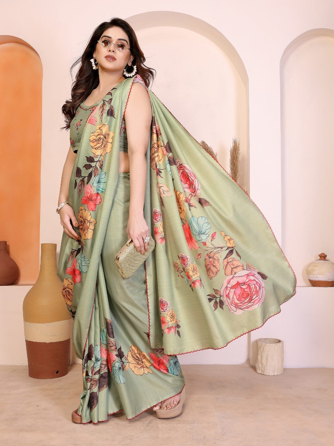 Sophisticated Pista Green Manipuri Cotton Silk Saree Enhanced With Vibrant Floral Digital Prints - Image 2