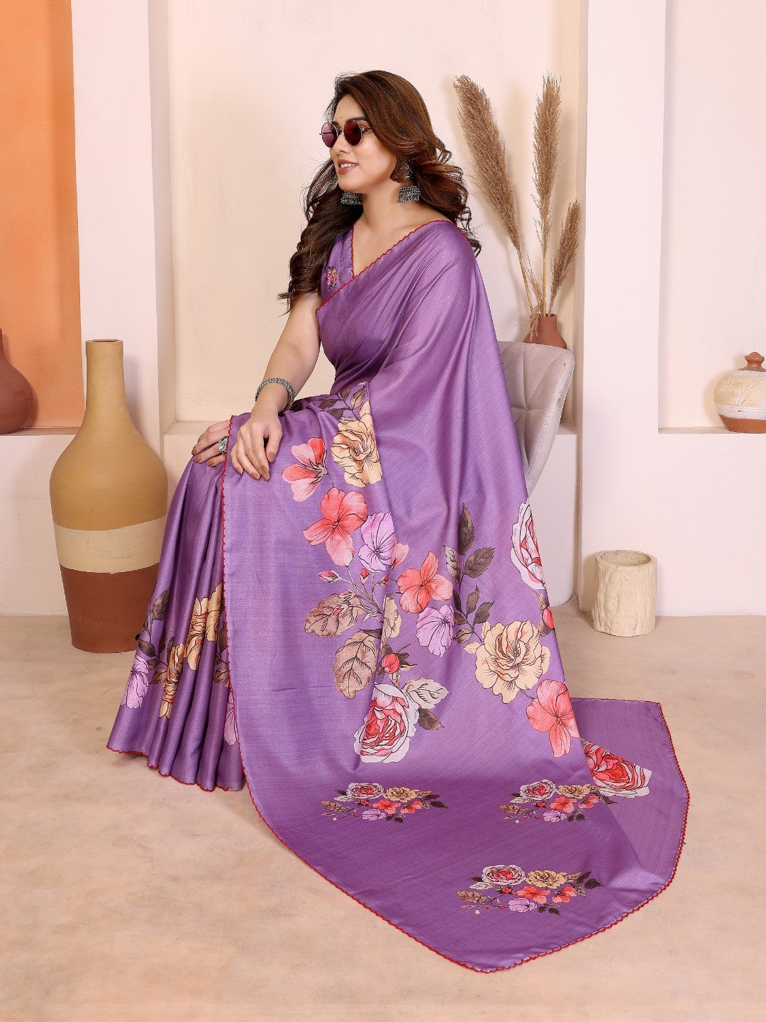 Sophisticated Purple Manipuri Cotton Silk Saree Enhanced With Vibrant Floral Digital Prints - Image 3