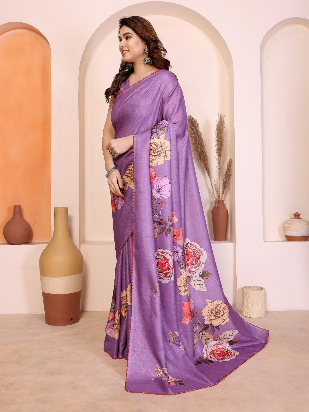 Sophisticated Purple Manipuri Cotton Silk Saree Enhanced With Vibrant Floral Digital Prints - Image 5