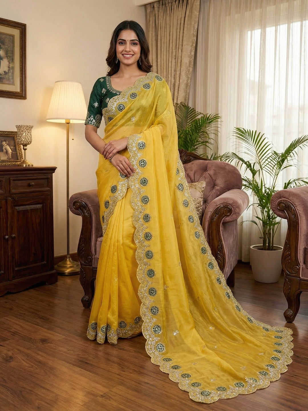 Yellow Charm Crunchy Saree with Premium Embroidered Border - Image 1