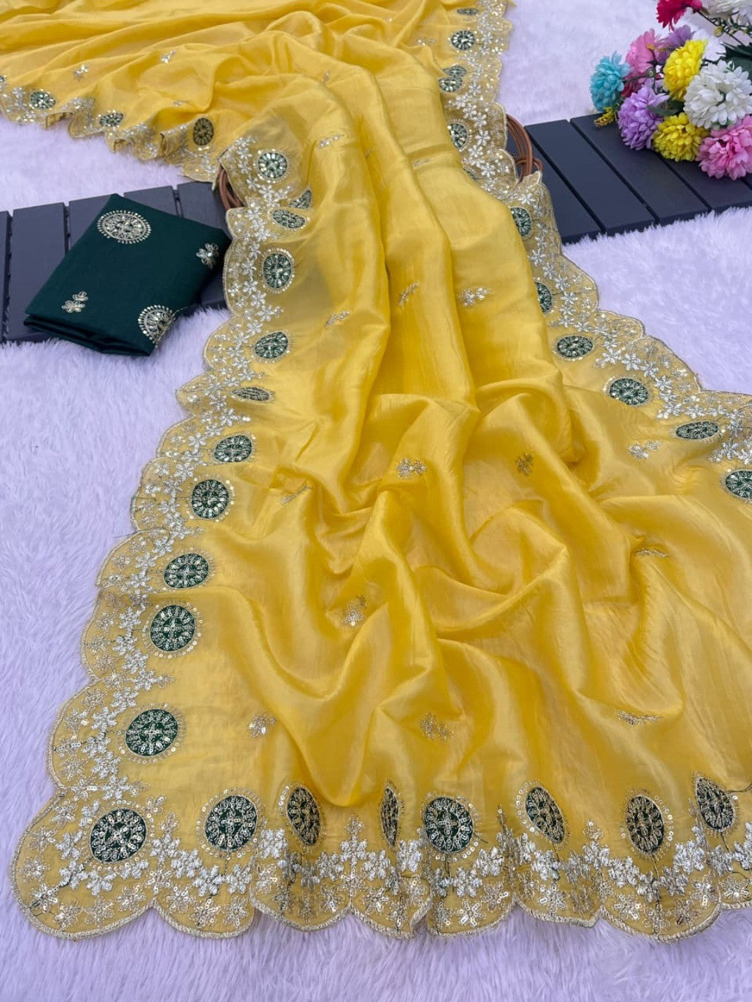 Yellow Charm Crunchy Saree with Premium Embroidered Border - Image 4