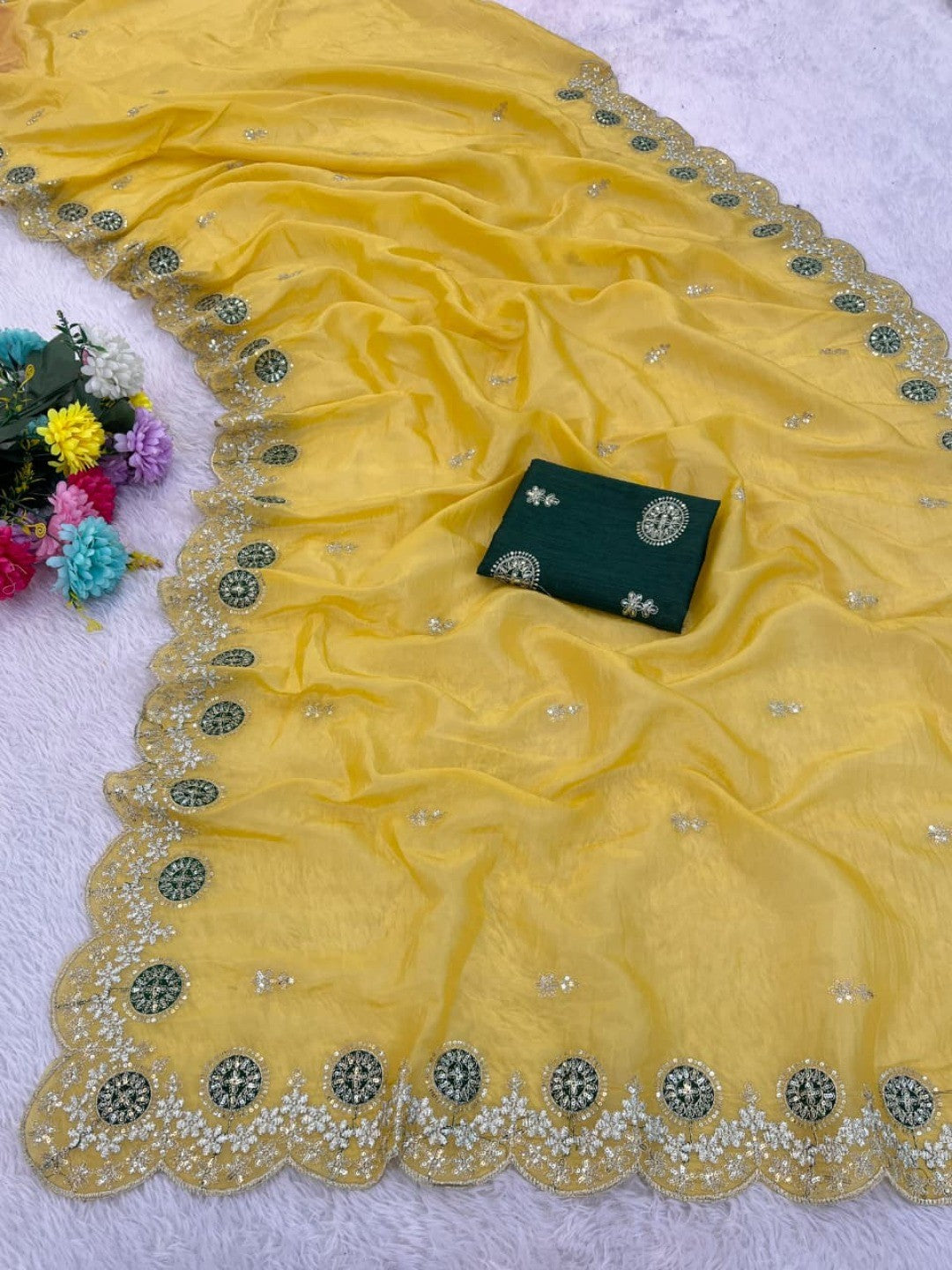 Yellow Charm Crunchy Saree with Premium Embroidered Border - Image 2