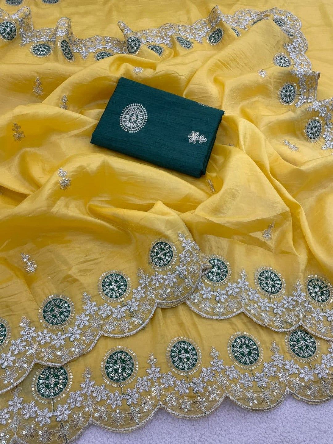 Yellow Charm Crunchy Saree with Premium Embroidered Border - Image 5