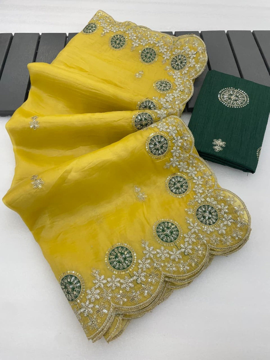 Yellow Charm Crunchy Saree with Premium Embroidered Border - Image 9