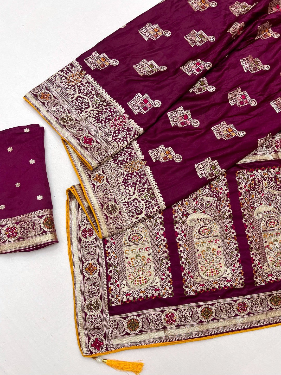Classic Wine Satin Saree Enhanced By Fine Weaving Craft & Sophisticated Stone Work - Image 3