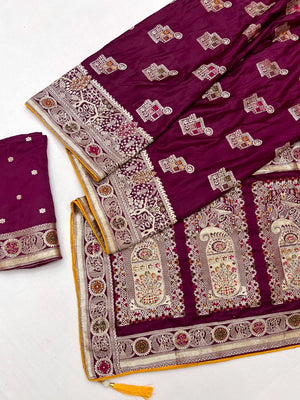 Classic Wine Satin Saree Enhanced By Fine Weaving Craft & Sophisticated Stone Work - Image 2