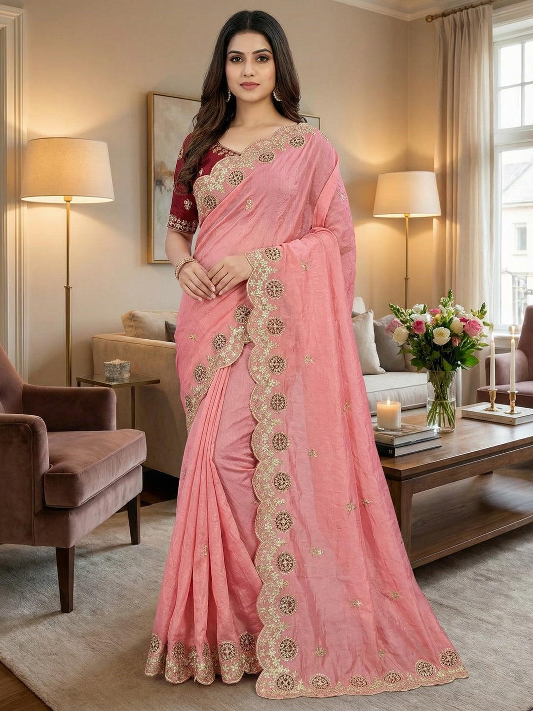 Pink Charm Crunchy Saree with Premium Embroidered Border - Image 1