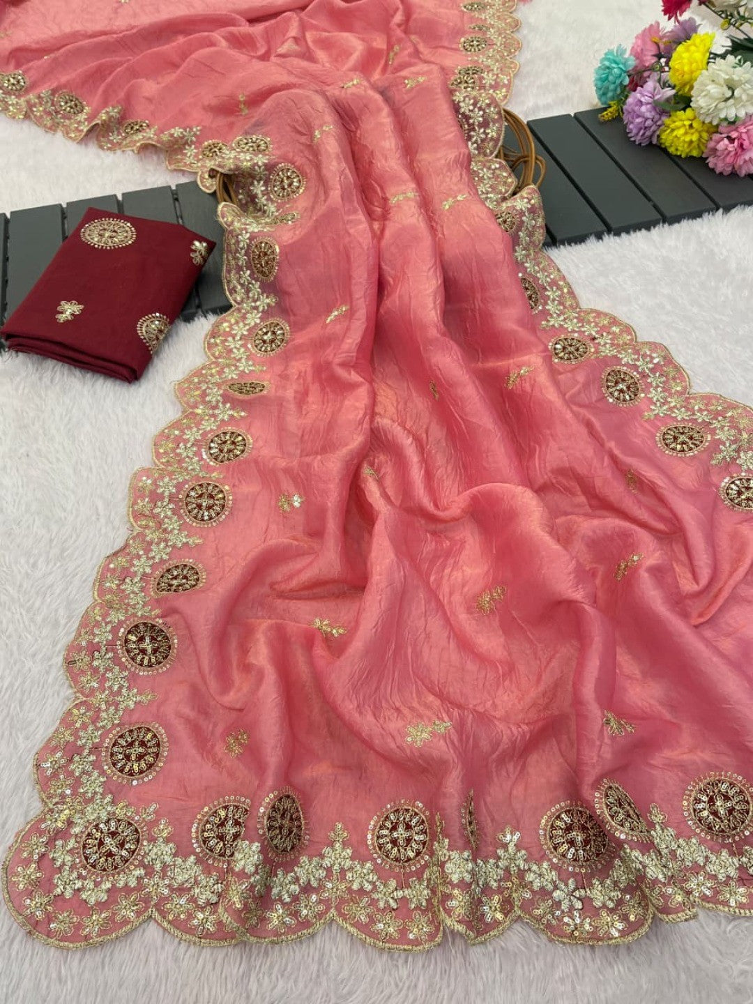 Pink Charm Crunchy Saree with Premium Embroidered Border - Image 2