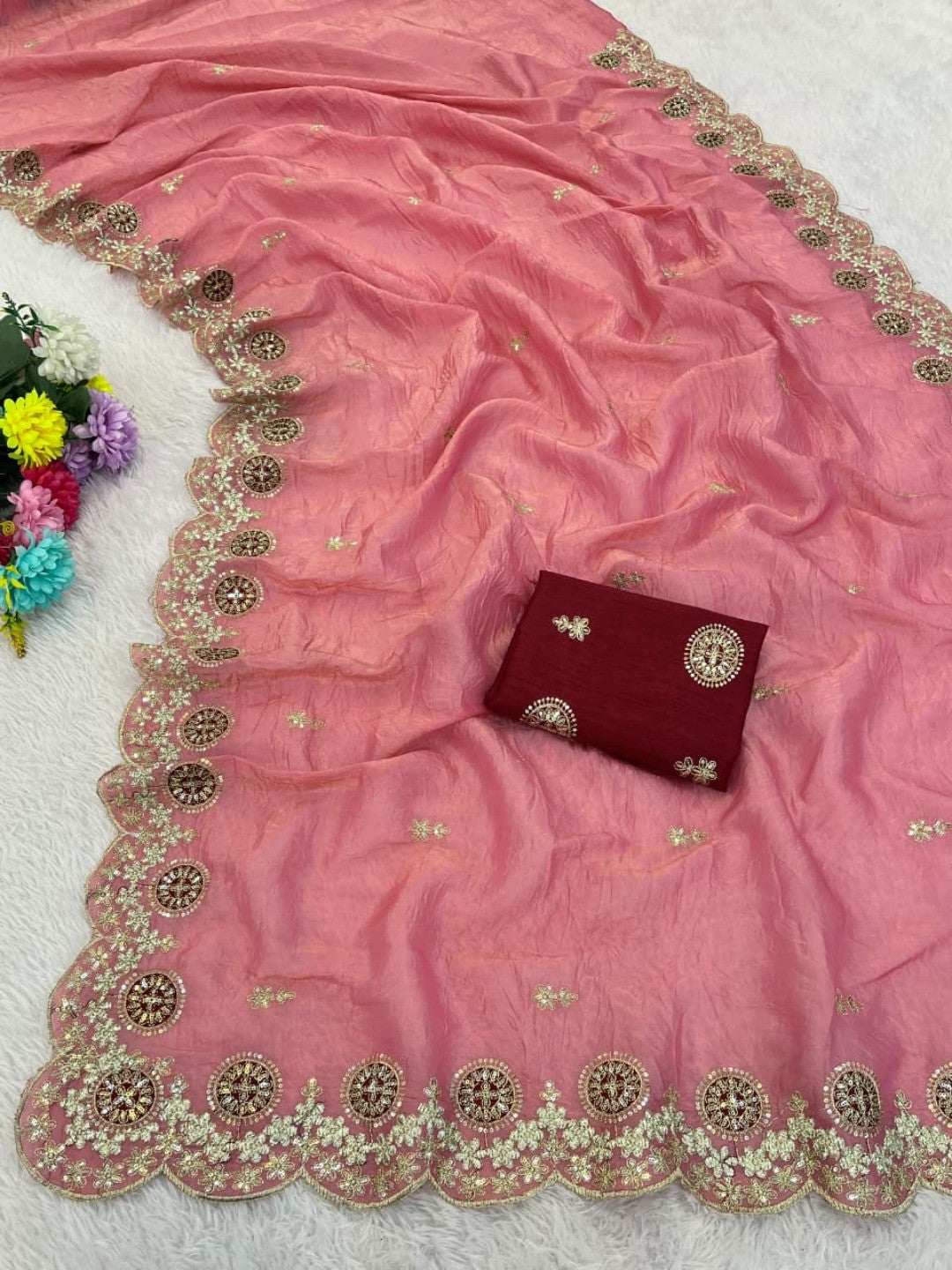 Pink Charm Crunchy Saree with Premium Embroidered Border - Image 3