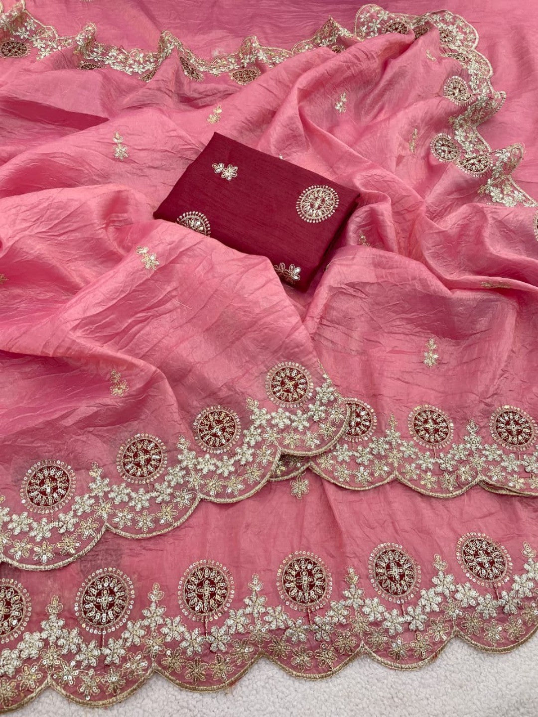 Pink Charm Crunchy Saree with Premium Embroidered Border - Image 3