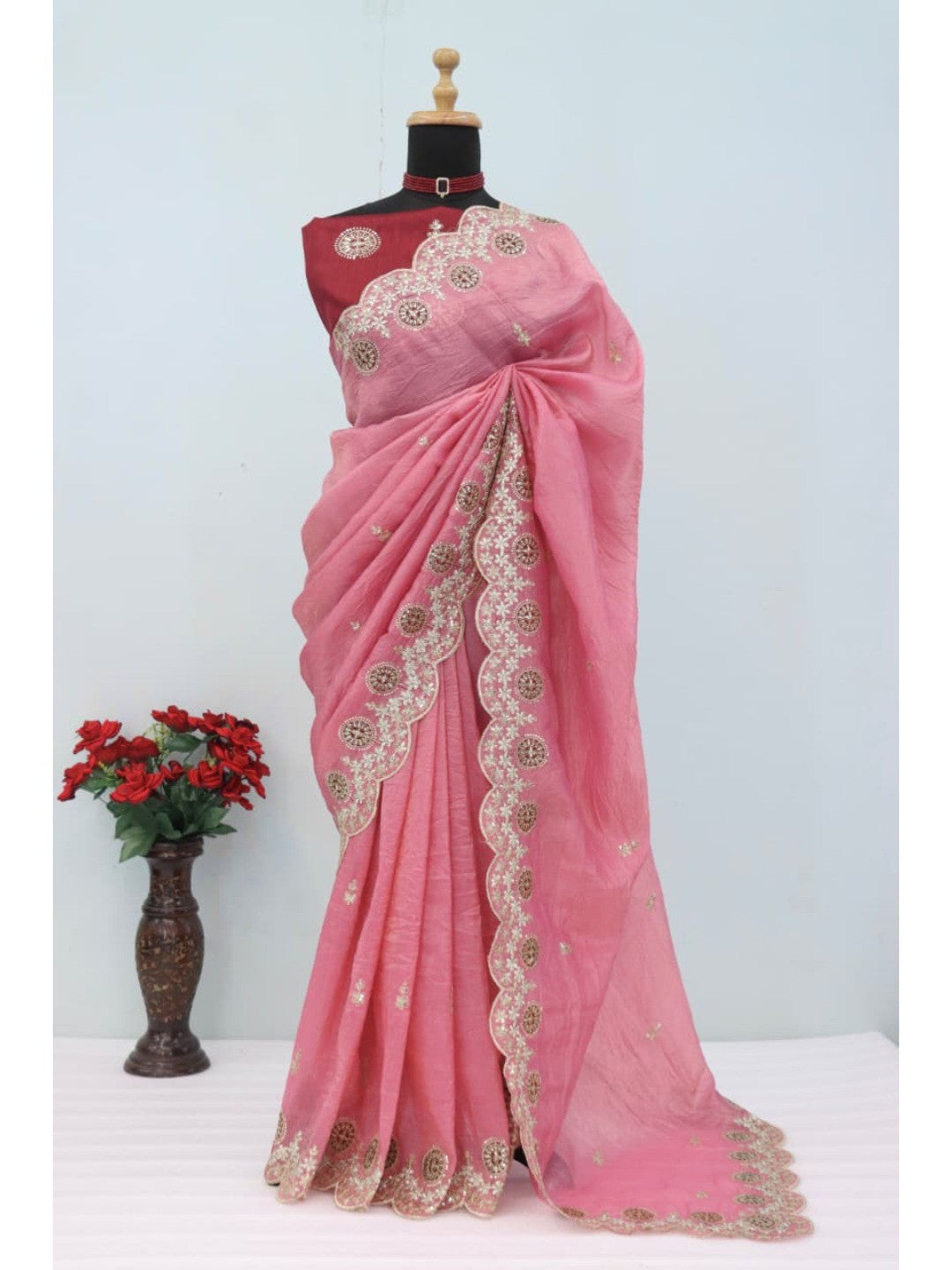 Pink Charm Crunchy Saree with Premium Embroidered Border - Image 7