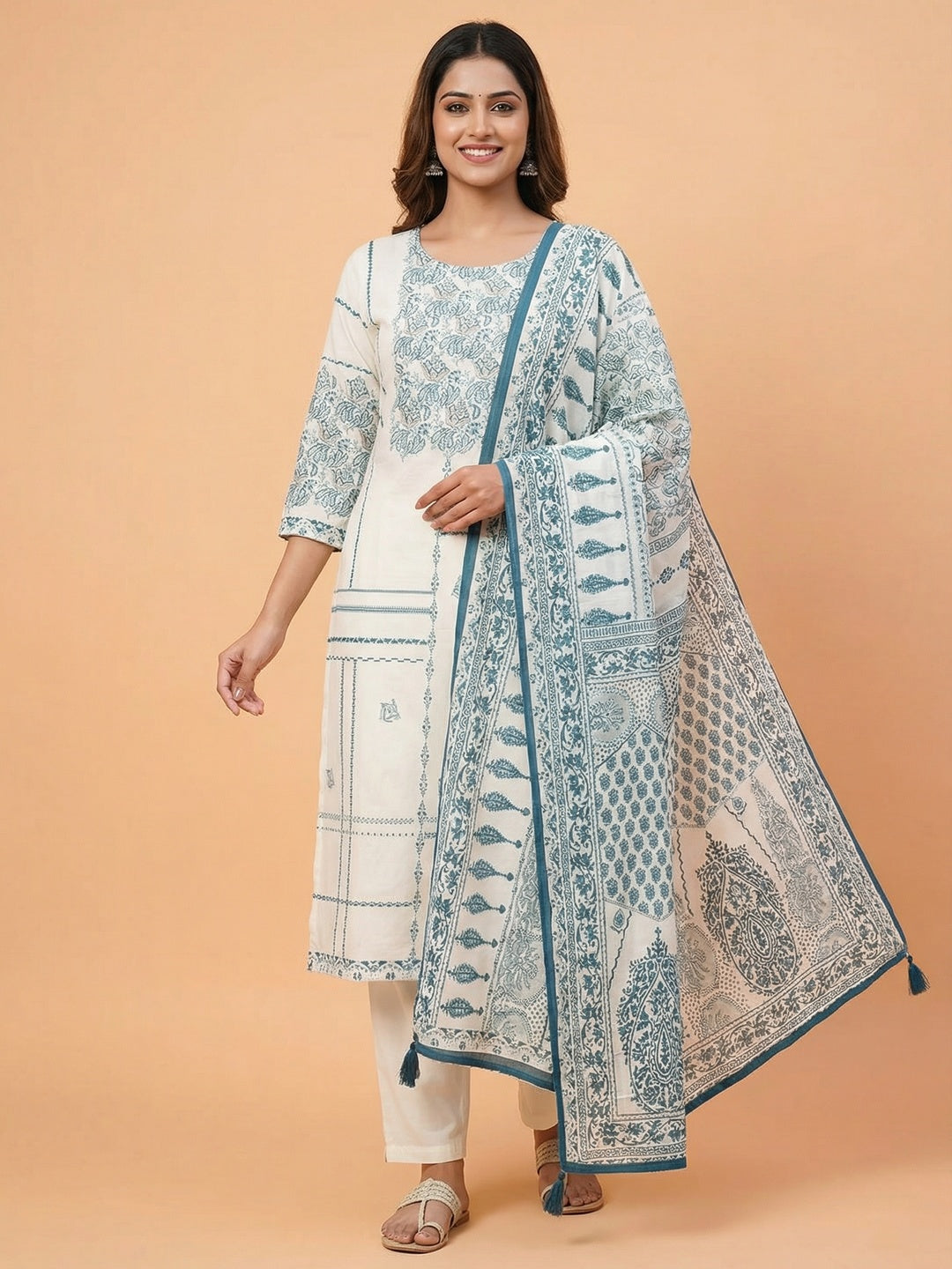 White Embroidered Pure Cotton Straight Fit Salwar Suit with Dupatta - Image 1