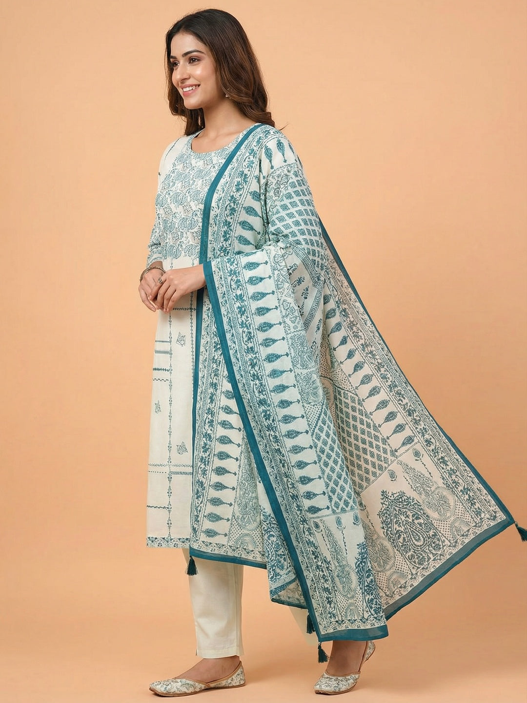 White Embroidered Pure Cotton Straight Fit Salwar Suit with Dupatta - Image 4