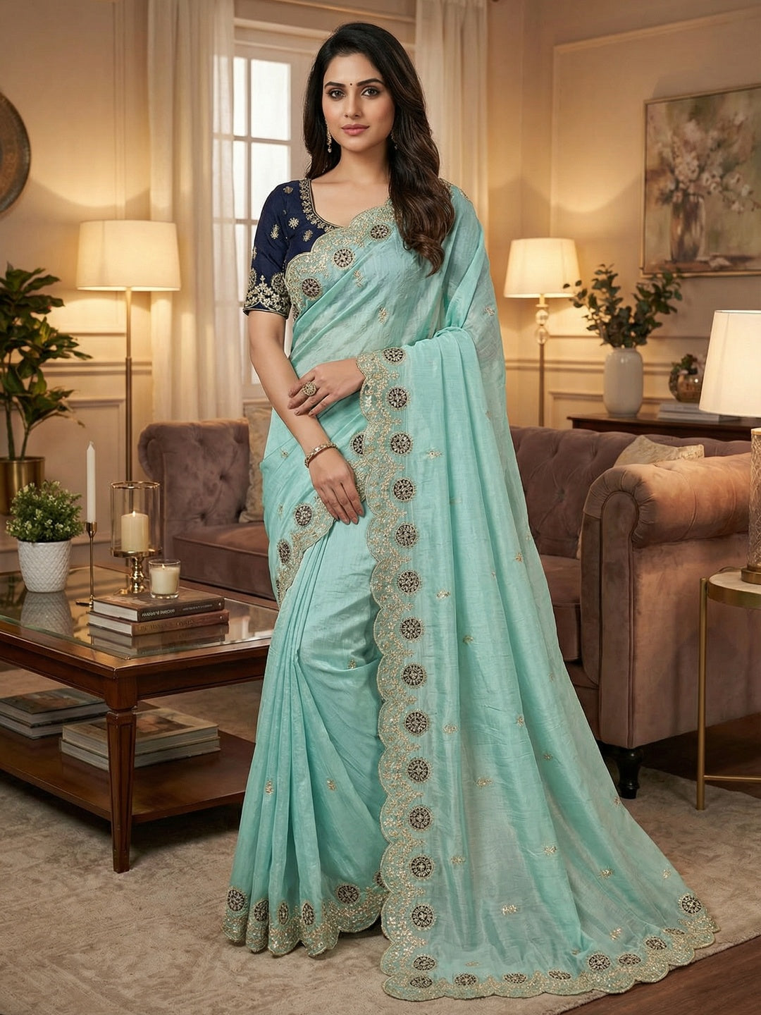 Light Turquoise Charm Crunchy Saree with Premium Embroidered Border - Image 1