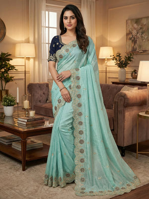 Light Turquoise Charm Crunchy Saree with Premium Embroidered Border - Image 1