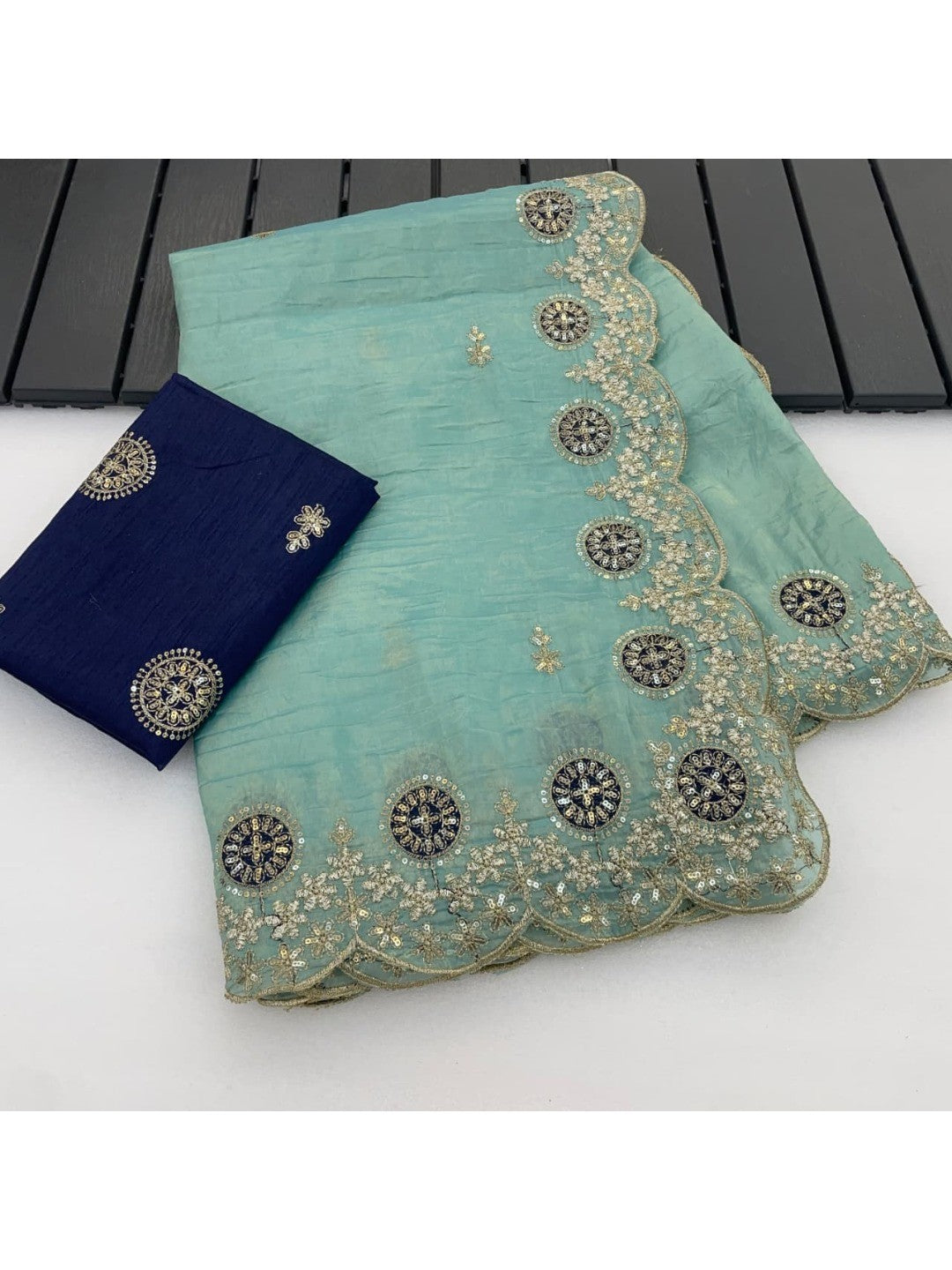 Light Turquoise Charm Crunchy Saree with Premium Embroidered Border - Image 7