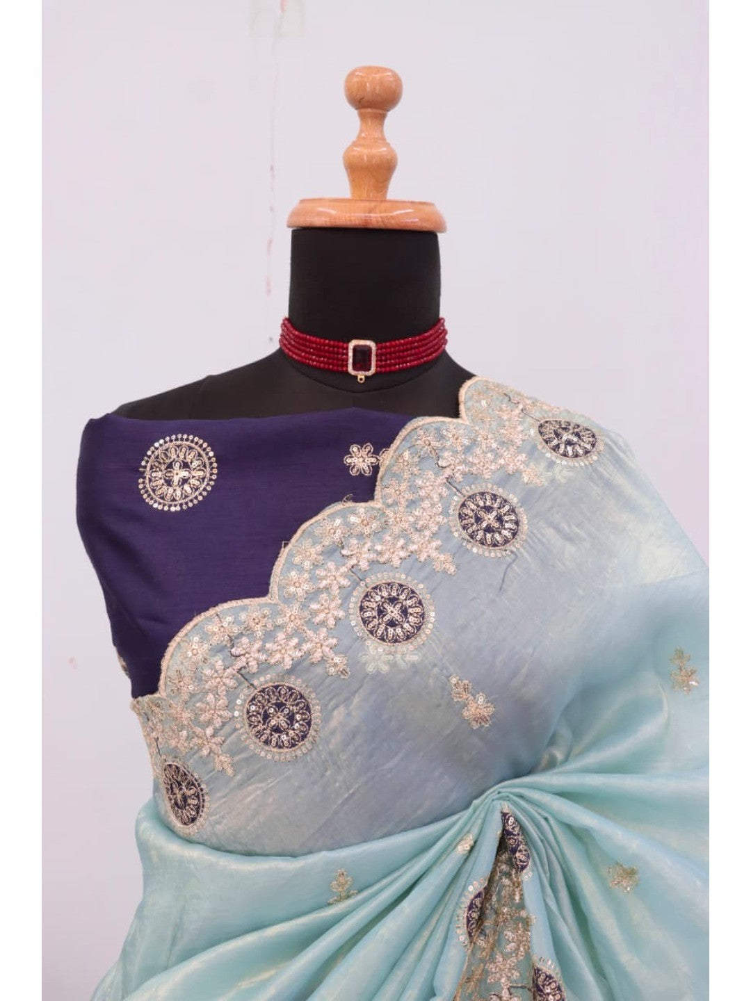 Light Turquoise Charm Crunchy Saree with Premium Embroidered Border - Image 8