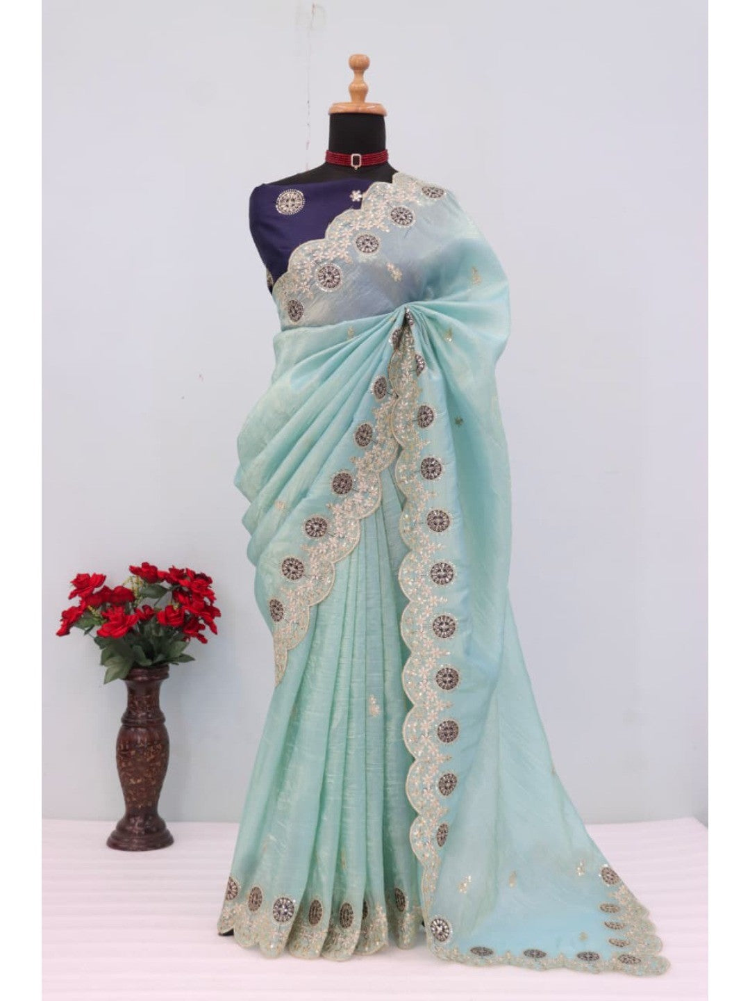 Light Turquoise Charm Crunchy Saree with Premium Embroidered Border - Image 9