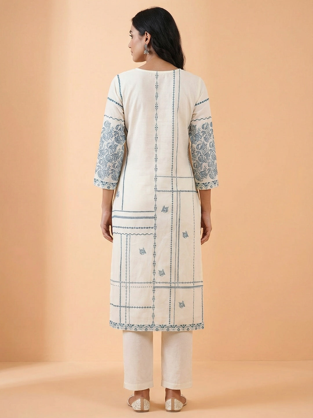 White Embroidered Pure Cotton Straight Fit Salwar Suit with Dupatta - Image 3