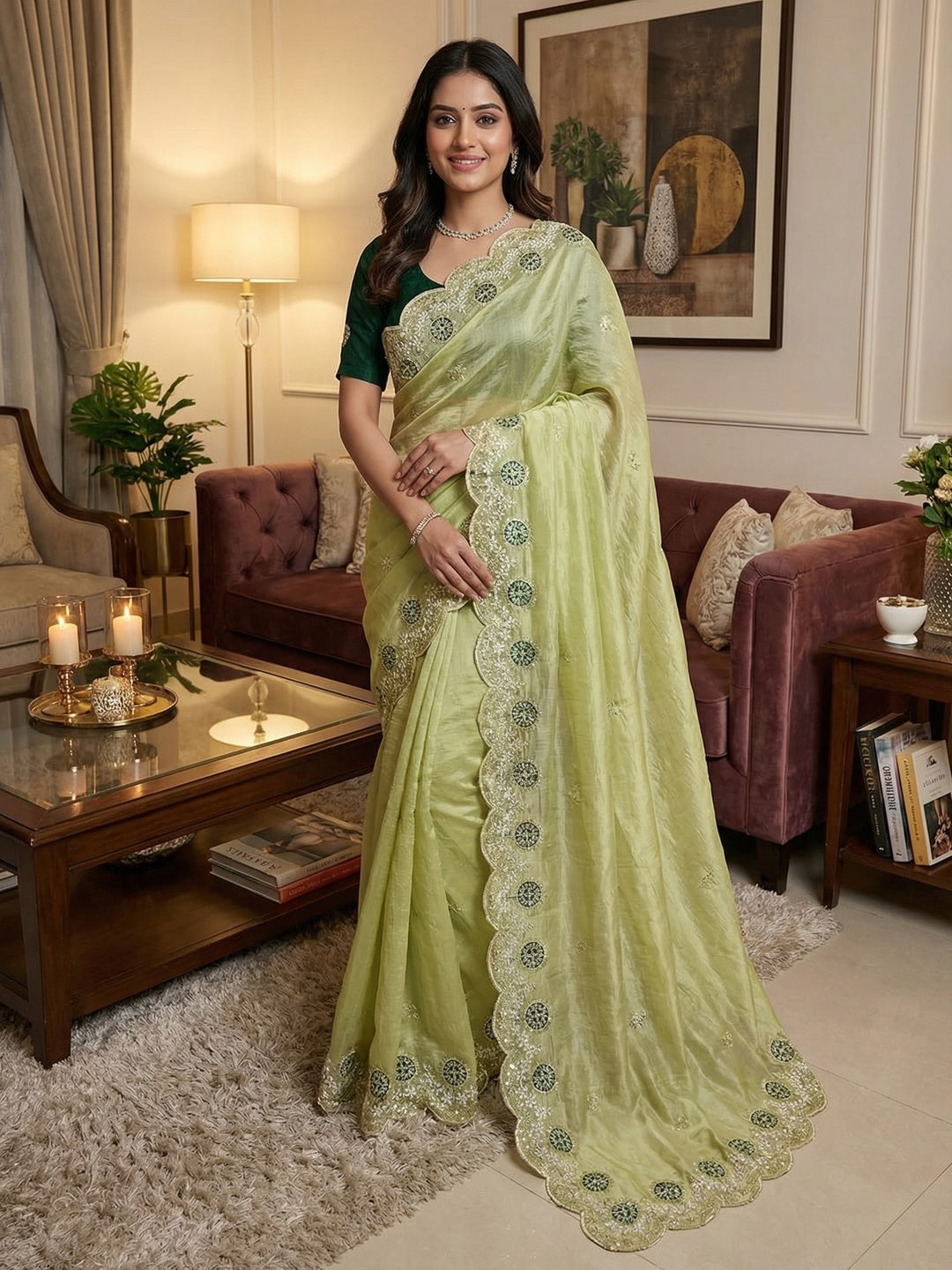 Green Charm Crunchy Saree with Premium Embroidered Border - Image 1