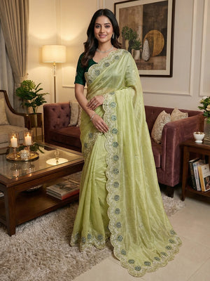 Green Charm Crunchy Saree with Premium Embroidered Border - Image 1
