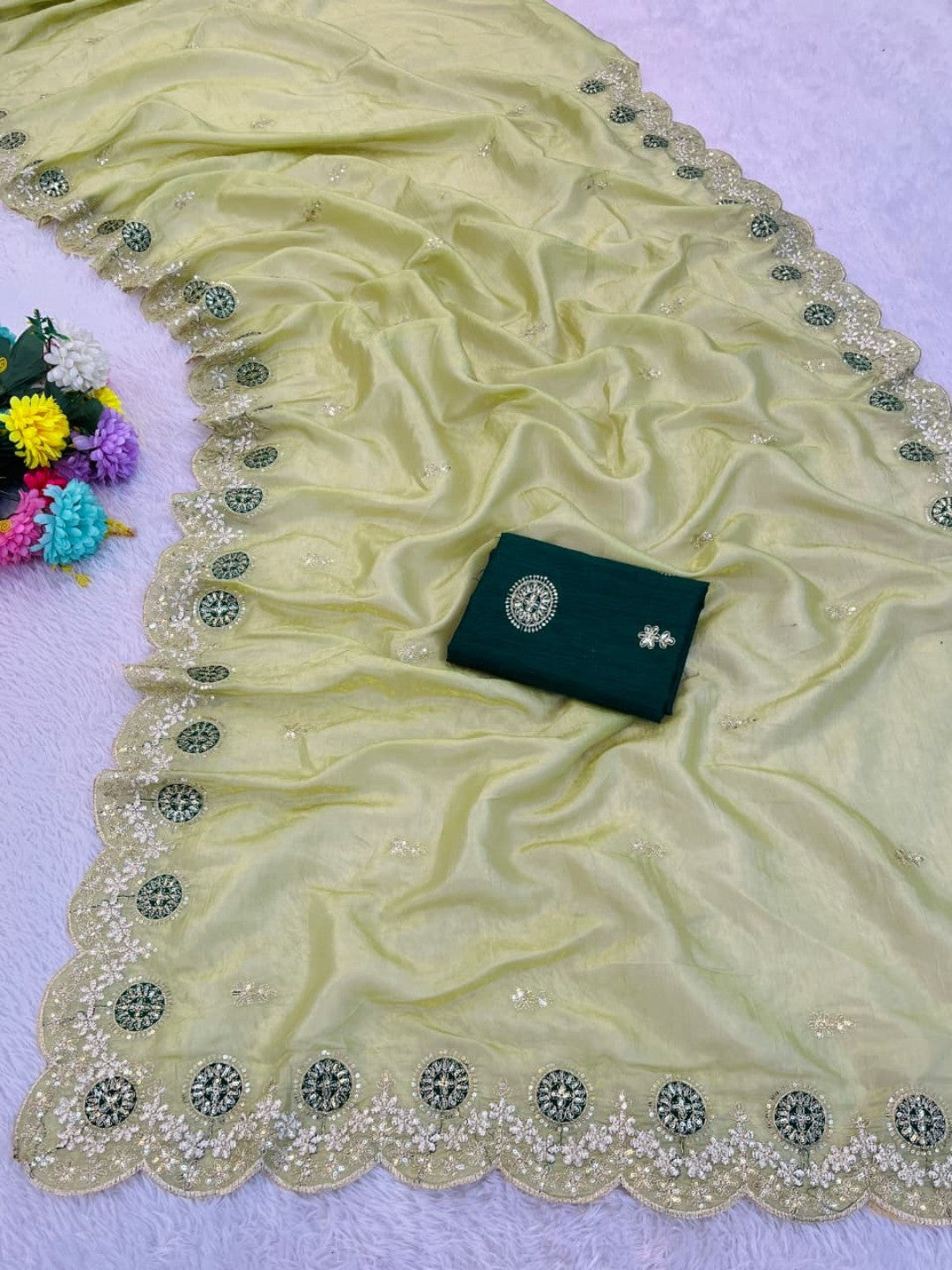 Green Charm Crunchy Saree with Premium Embroidered Border - Image 2