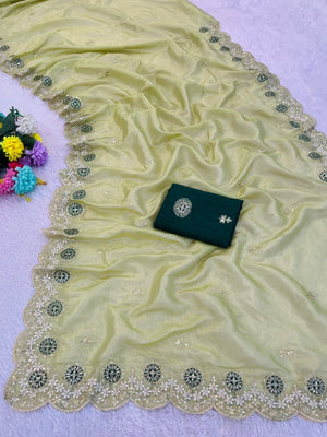 Green Charm Crunchy Saree with Premium Embroidered Border - Image 2