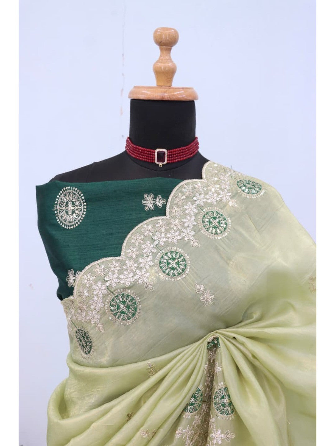 Green Charm Crunchy Saree with Premium Embroidered Border - Image 8