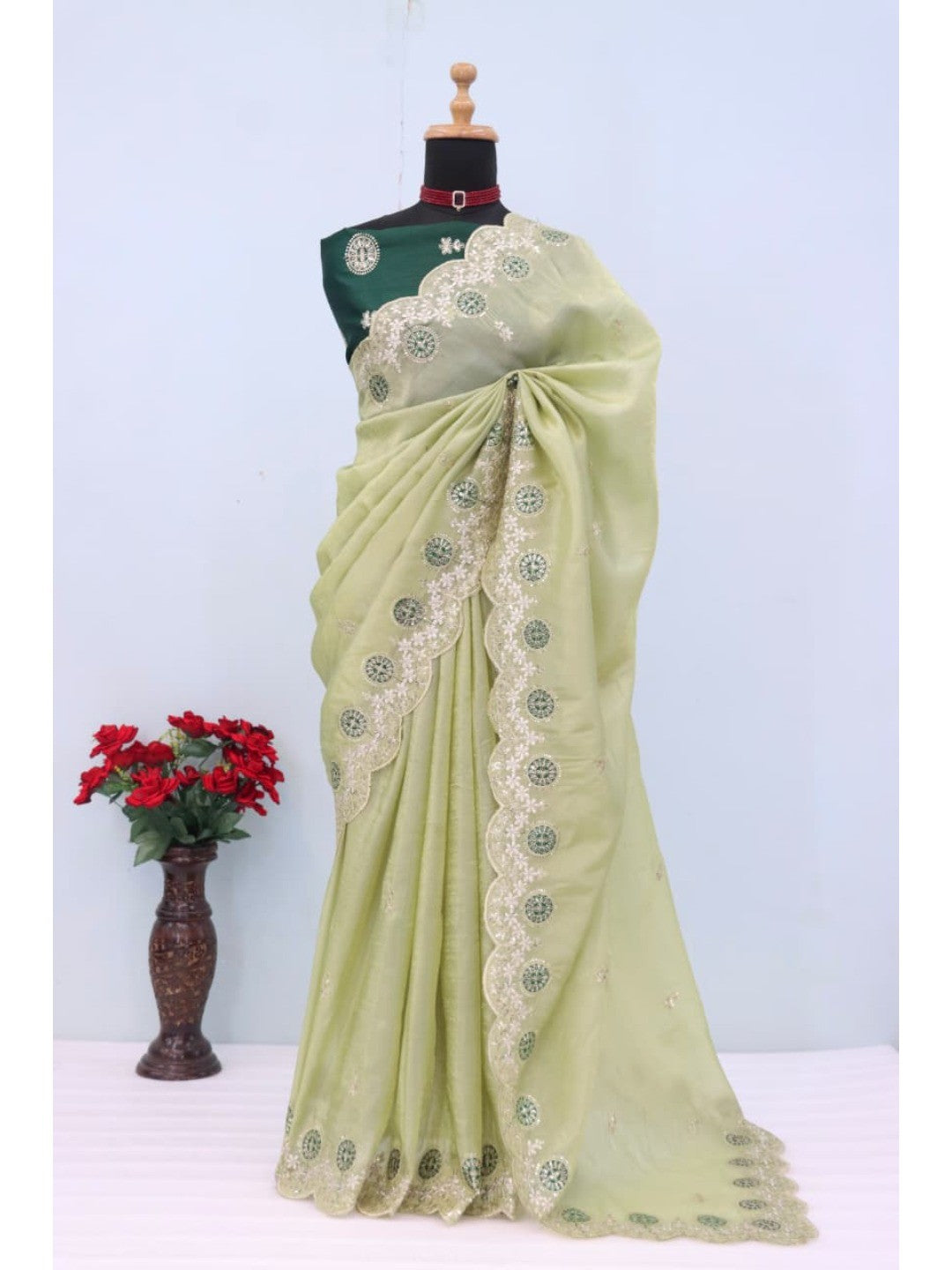 Green Charm Crunchy Saree with Premium Embroidered Border - Image 9