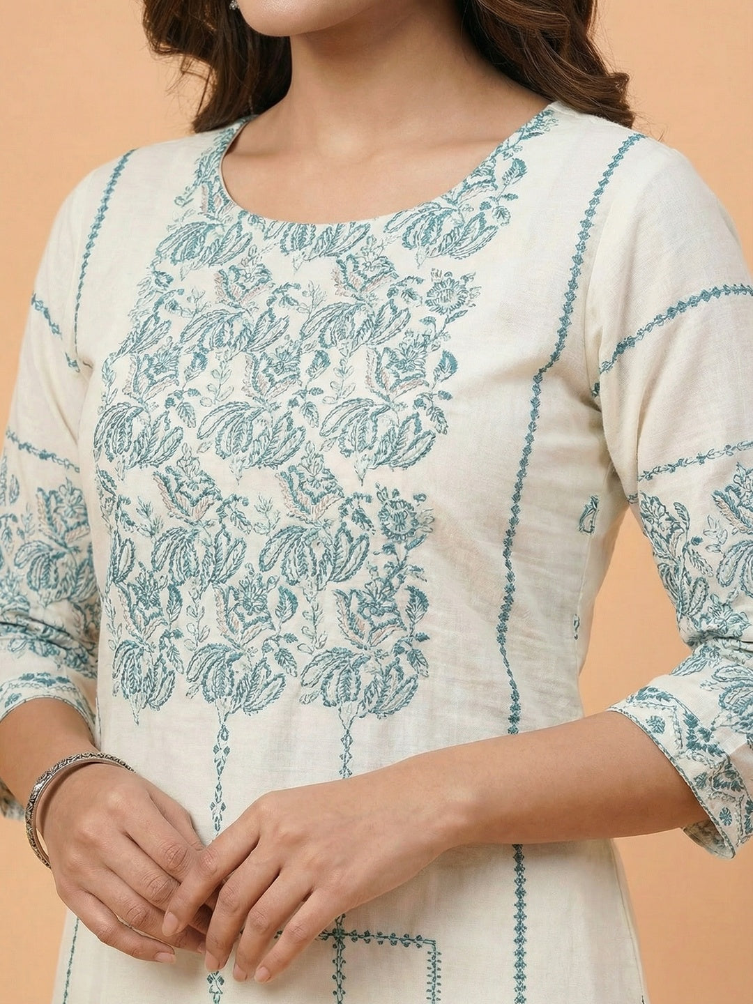 White Embroidered Pure Cotton Straight Fit Salwar Suit with Dupatta - Image 2