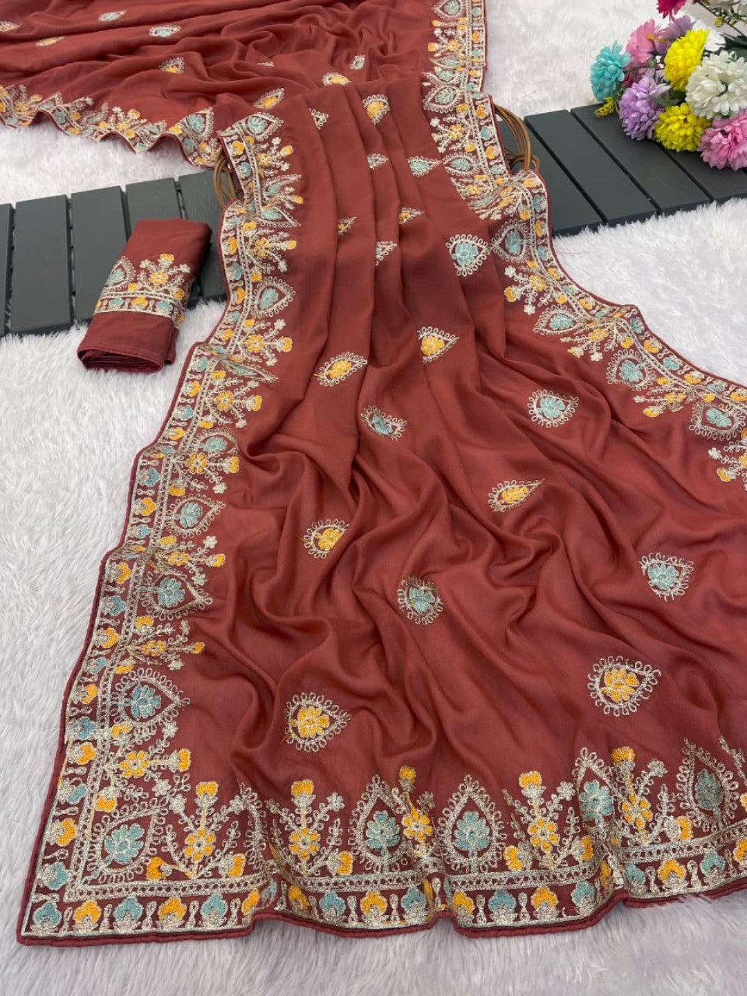 Graceful Brown Georgette Silk Saree with Premium Embroidered Work & Blouse - Image 5